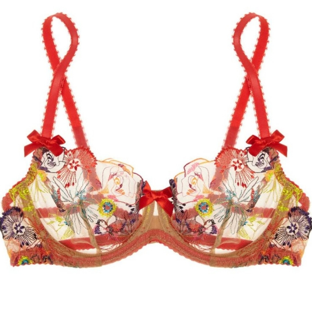 Agent Provocateur Zuri Embroidered Bra Red Floral 32C Unlined